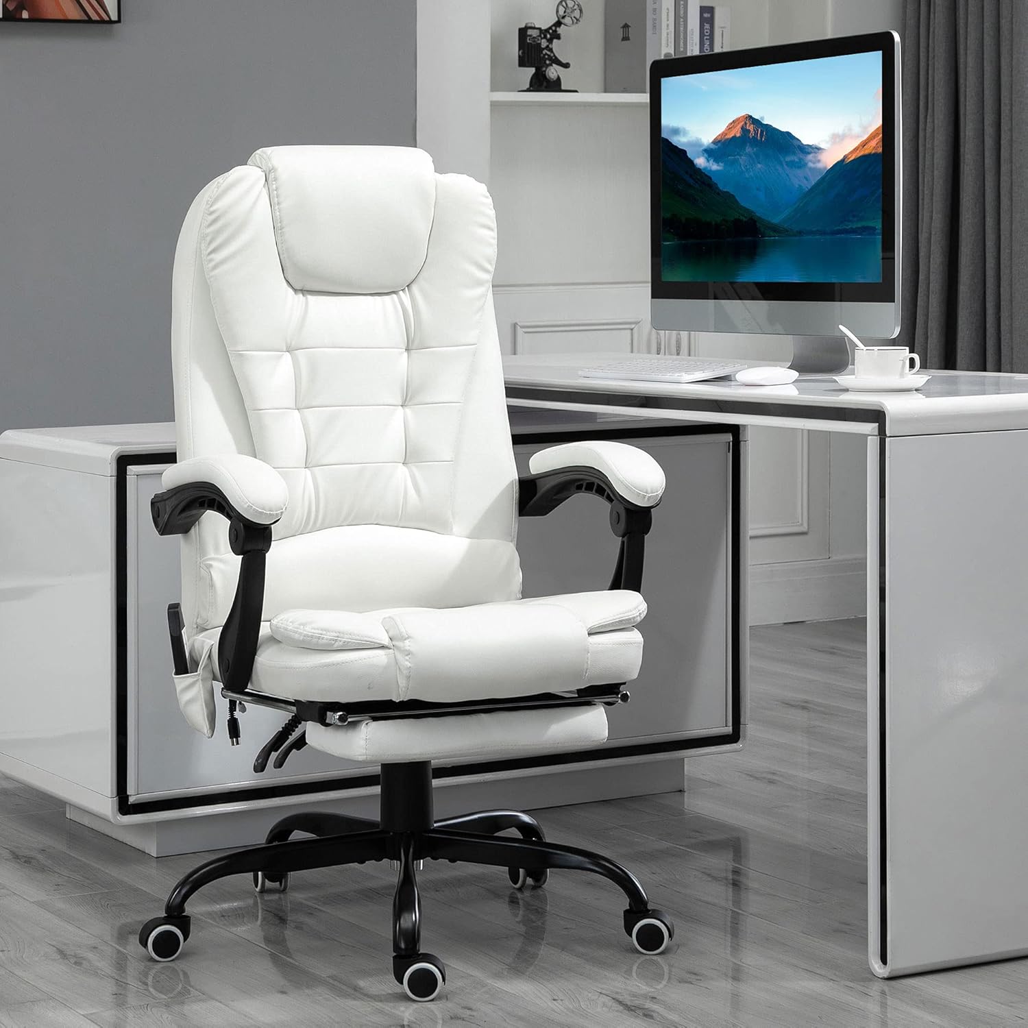 Reclining Office Chair with Massage, Ergonomic Office Chair with Foot Rest, PU Leather Executive Computer Chair with Heated, Padded Armrest, High Back Swivel Recliner for Office Home Study, White
