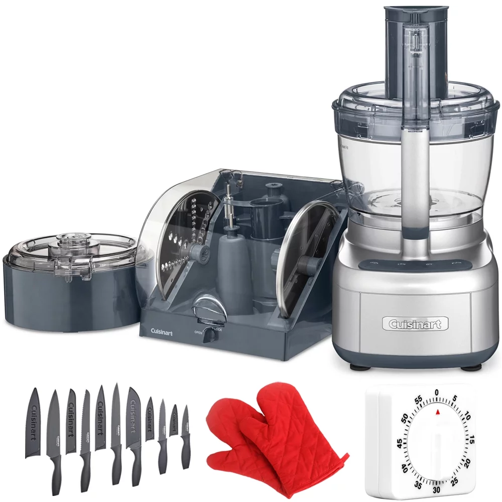 Cuisinart FP-1300SVWS Elemental 13-Cup Food Processor with Spiralizer and Dicer, Silver Bundle with Cuisinart 12 Piece Cutlery Set, Deco Essentials 60 Minute Kitchen Timer and Pair Of Red Oven Mitt