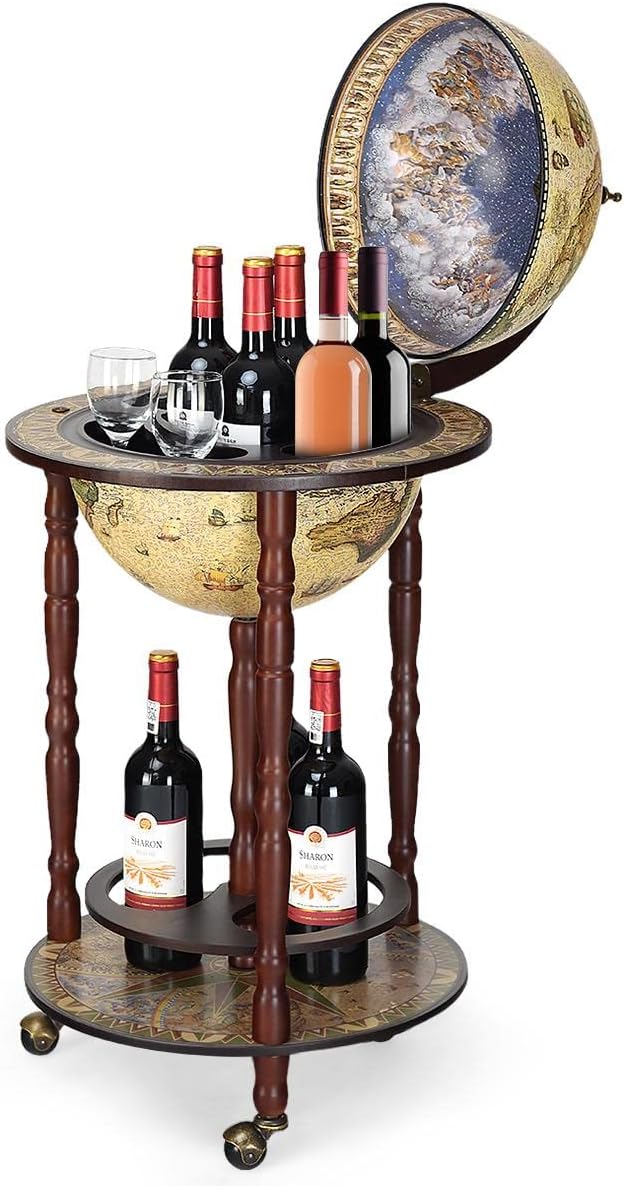 Globe Bar, Wood Globe Wine Bar Stand, 16th Century Italian Rack Liquor Bottle Shelf, Replica Globe Bar Liquor Cabinet w/Wheels, Globe Bar Cart for Wine Spirits Beverage Stemware(Creamy White)