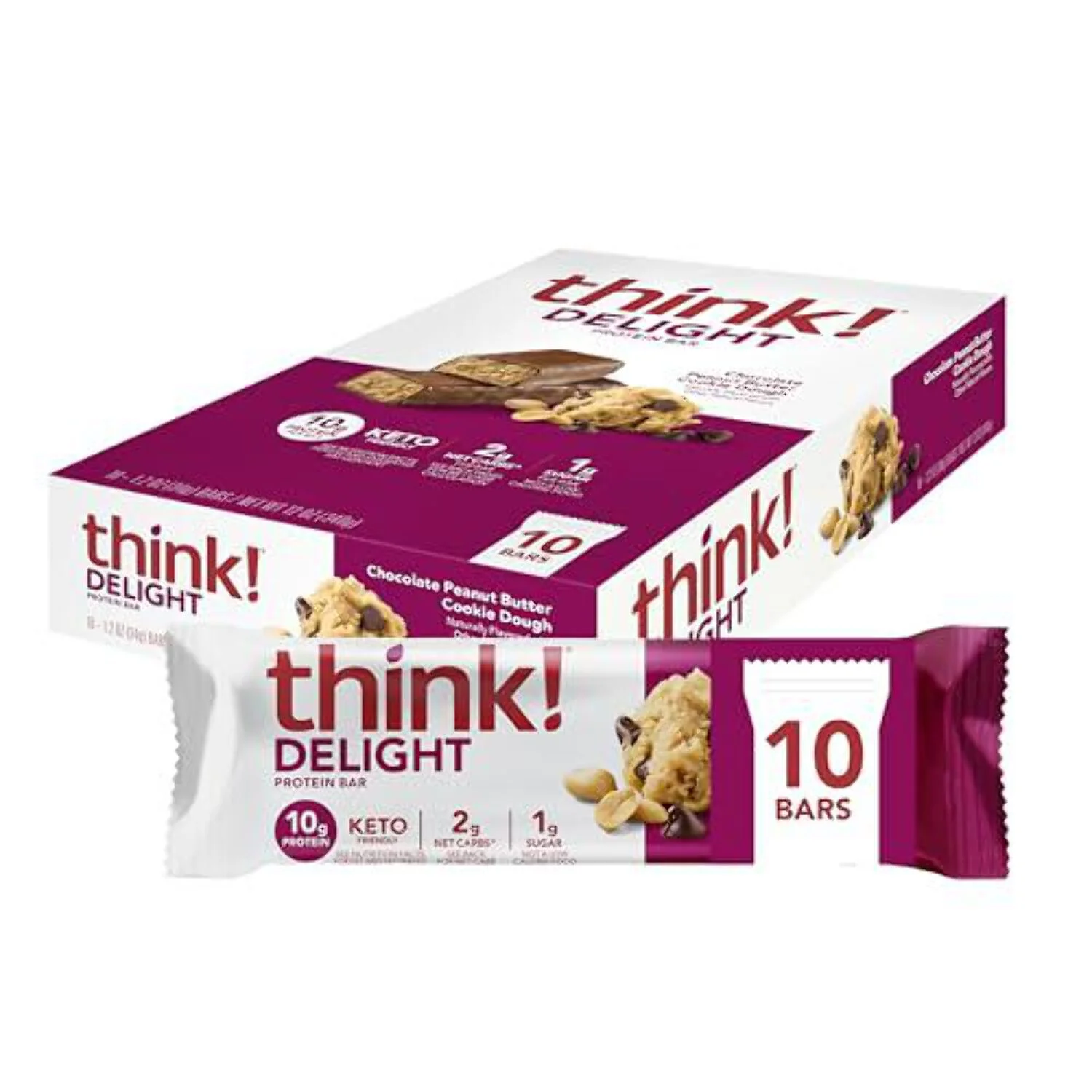Think ! Keto Protein Bars, Chocolate Peanut Butter Cookie Dough, 10 Bars, 1.2 oz (34 g) Each