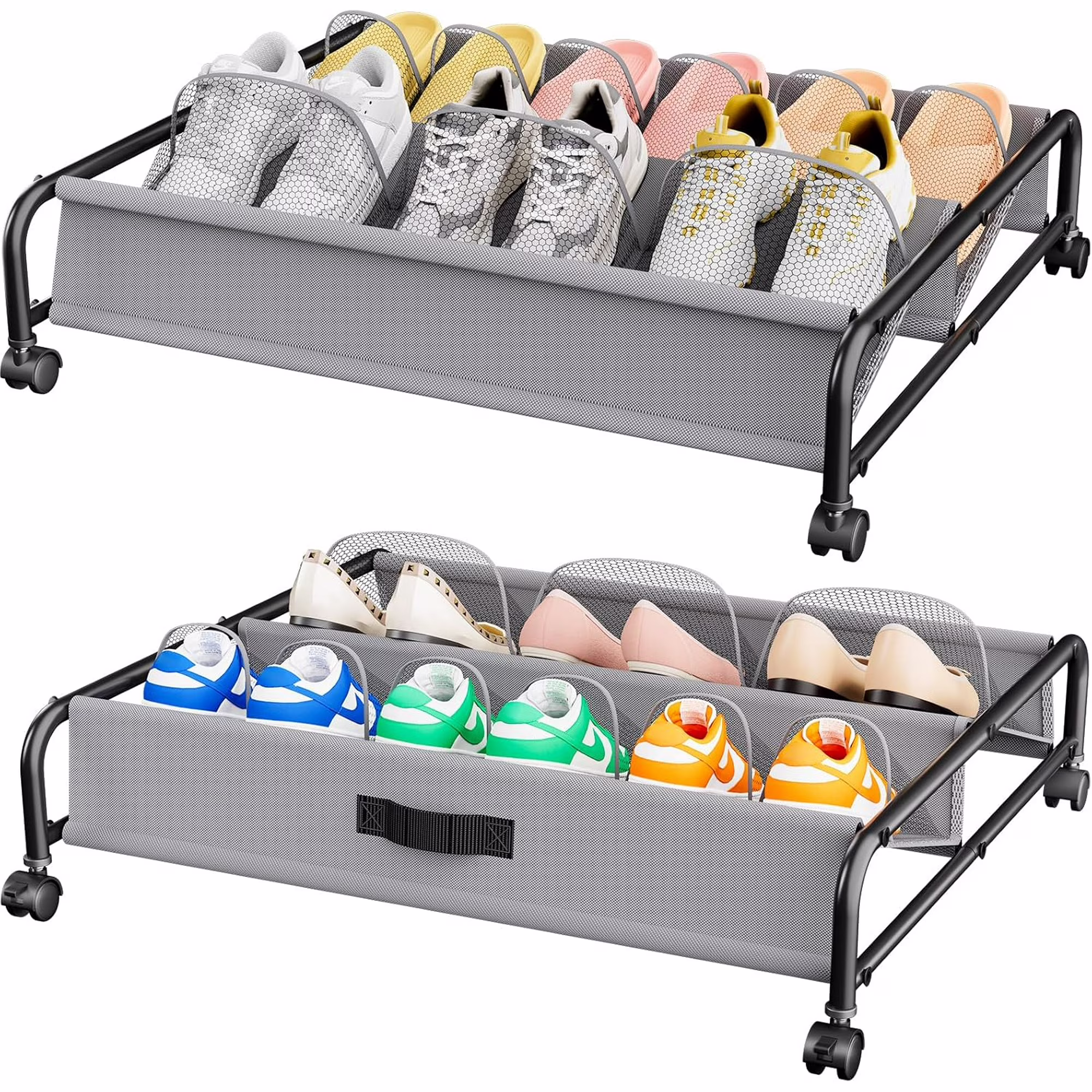 Under Bed Shoe Storage with Wheels, 2 Pack Rolling Under Bed Storage Containers for Shoes with Breathable Mesh Pockets, Metal Underbed Shoe Rack Organizer Bedroom Organization