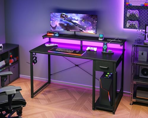 MOTPK Gaming Desk with LED Lights & Power Outlet, 48 Inch Computer Desk with Drawer, Reversible Table with Monitor Shelf & Headphone Hook for Home Office, Black