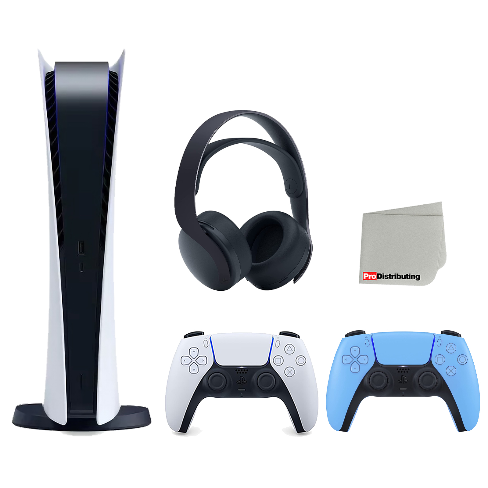 Sony Playstation 5 Digital Edition Console (Japan Import) with Extra Blue Controller and Black PULSE 3D Headset Bundle with Cleaning Cloth
