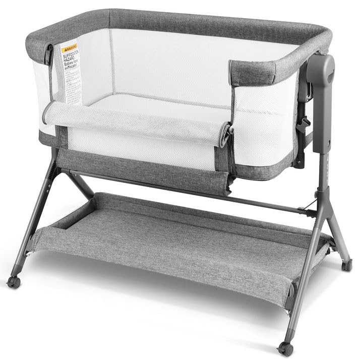 3-in-1 Baby Bassinet, Bedside Bassinet Sleeper, Rocking Bassinet with Comfy Mattress&Breathable Mesh, 6-Height Adjustable, Quiet Moveable & Easy-Assembly Grey Crib, 0-5 Months Baby