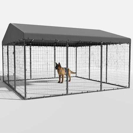 Alaulm Large Heavy Duty Outdoor Dog Kennel, Galvanized Steel Dog Kennel Fence with Roof and Double Safety Locks - Pet Supplies online store
