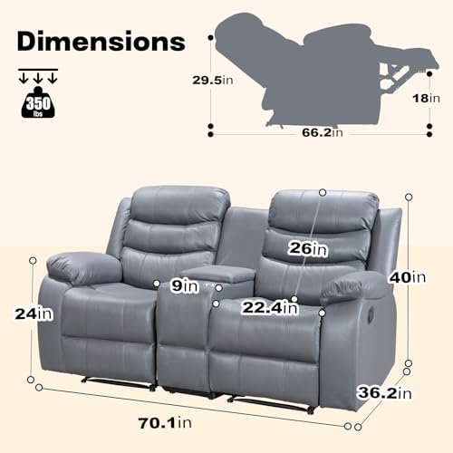 Air Leather Recliner Sofa, Manual Double Recliner with Cup Holder and Storage Space, Living Room/Bedroom/Meeting Room Double Recliner Sofa,Grey