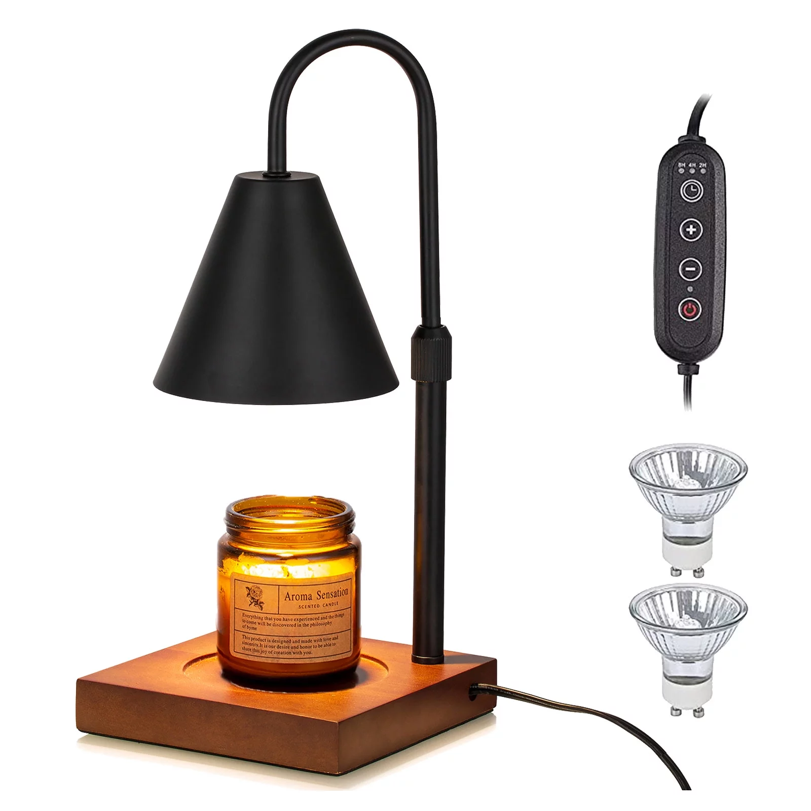 Sziqiqi Candle Wax Warmer Lamp with Timer for Home Decor Electric Candle Melt Warmer with Adjustable Height Dimmable Light 2 Bulbs, Black, Walnut, for Jar Candles, Large Scented Candles Fragrance