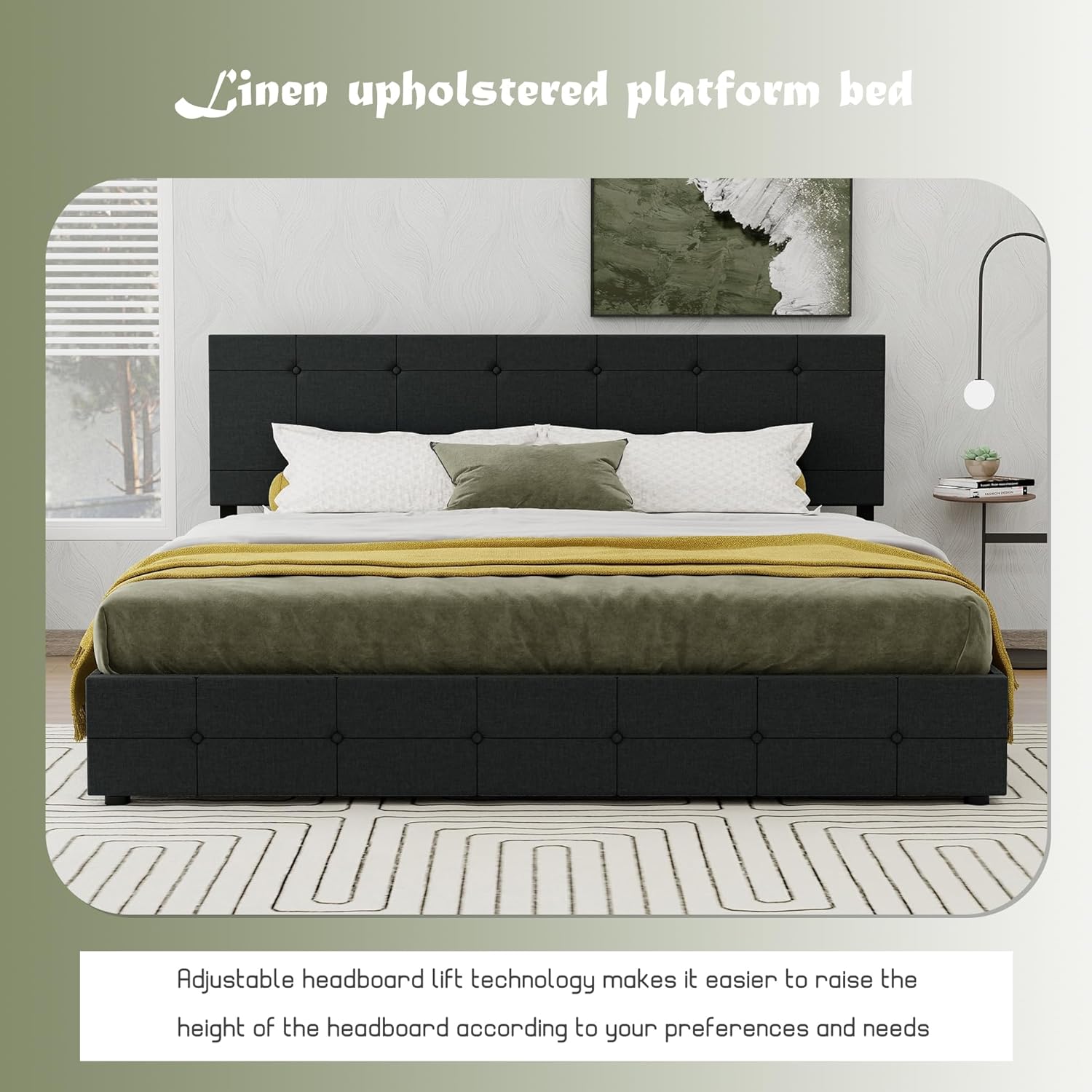 NNV Linen Upholstered Queen Size Platform Bed Frame with 4 Storage Drawers, Black