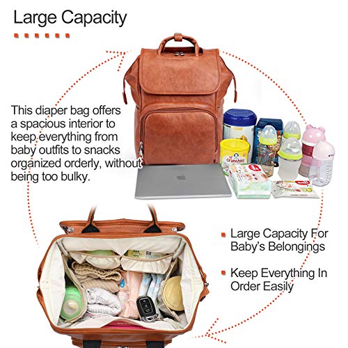 Leather Diaper Bag Backpack with Changing Mat Travel Backpack Waterproof&Insulated Large Nappy Bag Stroller Straps, Brown B, 13.8x8x18 Inch (Pack of 1), Travel Backpacks
