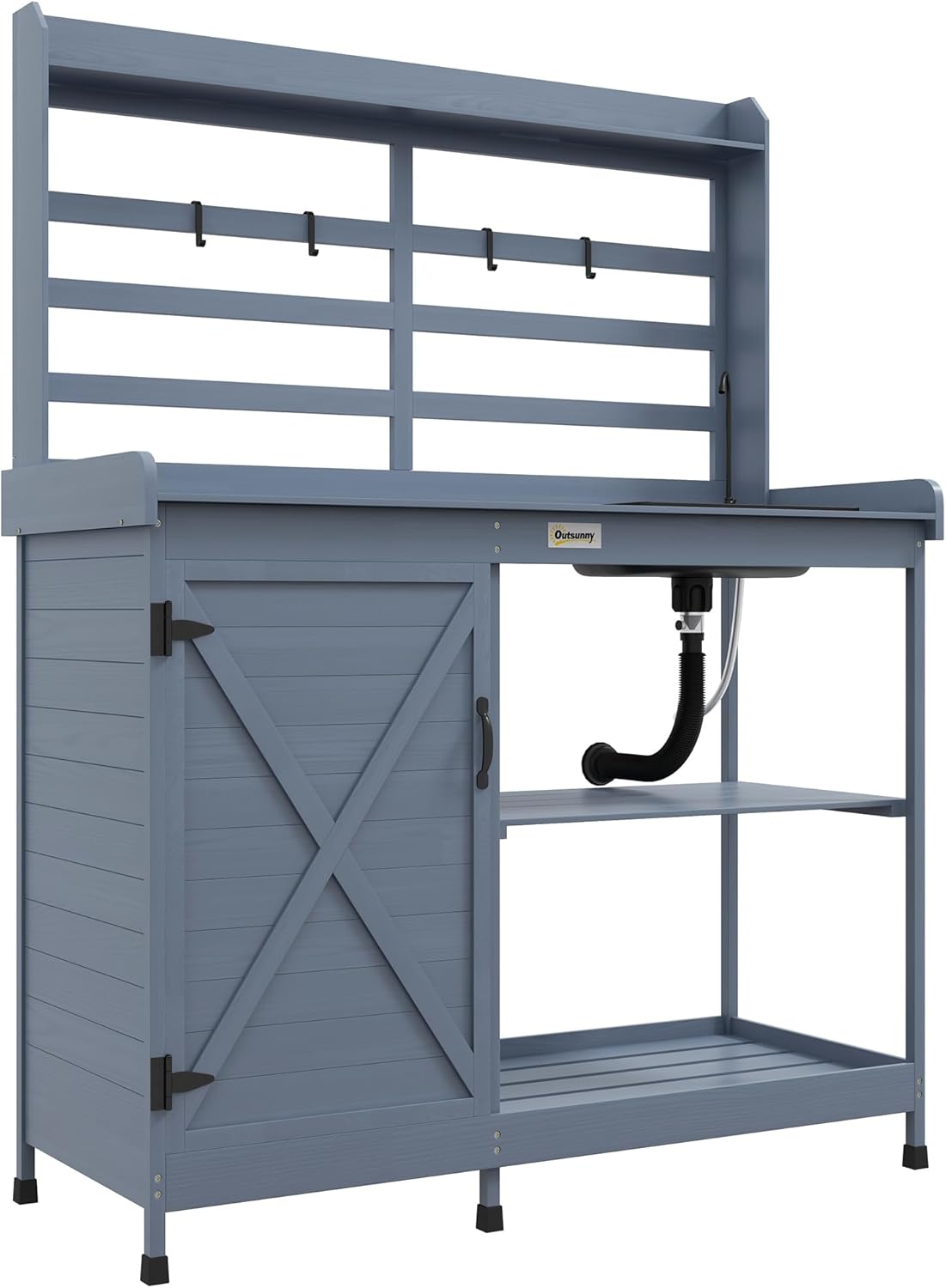 Wooden Potting Bench, Outdoor Potting Table with Storage Cabinet, Storage Shelves, Sink, Water Tap, Wood Table Top for Backyard, Patio, Balcony, Gray