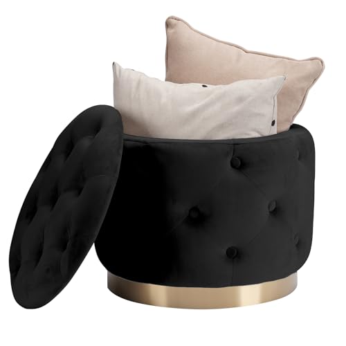 Button Tufted Velvet Round Storage Ottoman, Modern Upholstered Foot Rest Stool with Gold Plating Base, Accent Coffee Table seat for Living Room, Bedroom (Beige)