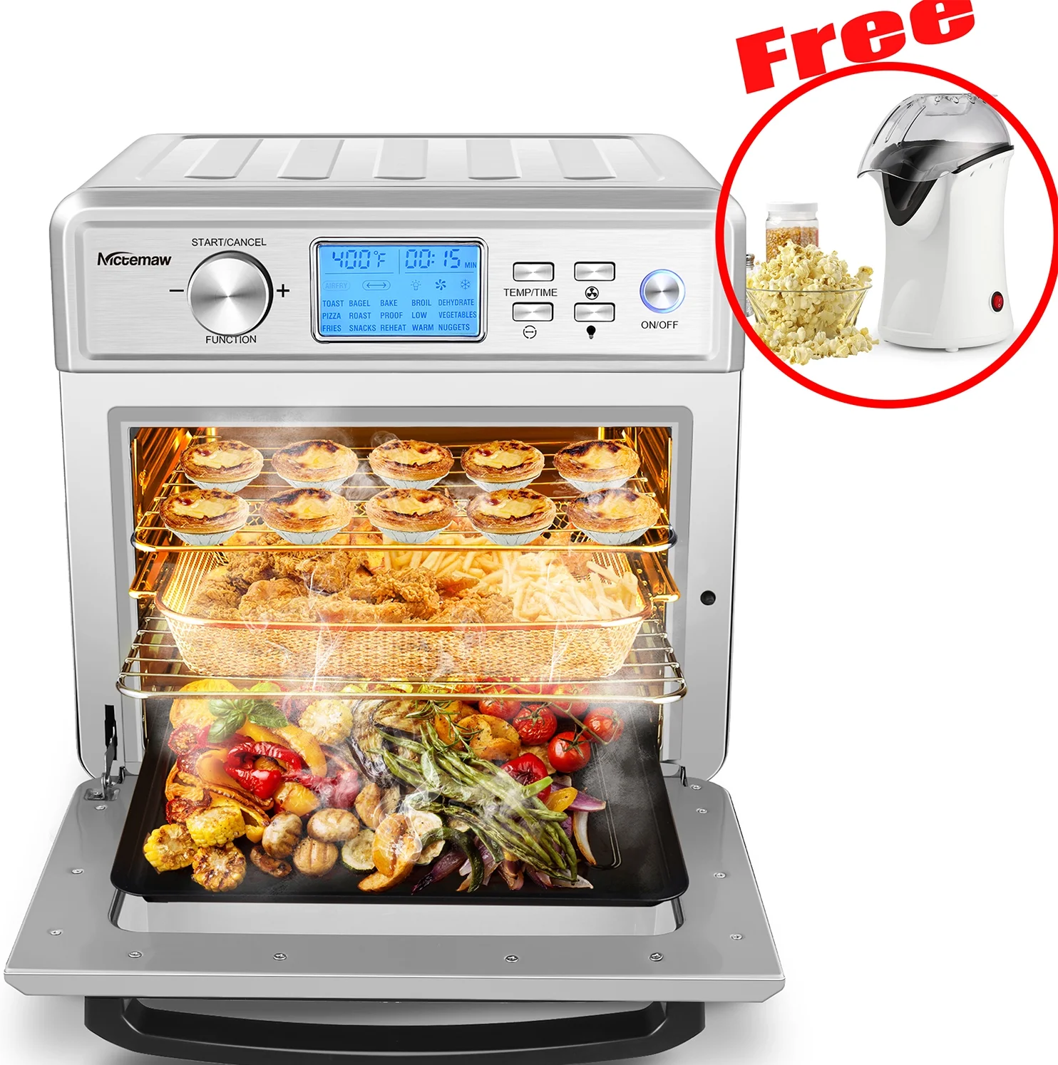 16 in 1 Air Fryer Oven, 24.5QT Large Airfryer Oven, Oil Less & Stainless Steel with LED Display & Temperature/Time Dial（Gift Popcorn Machine）
