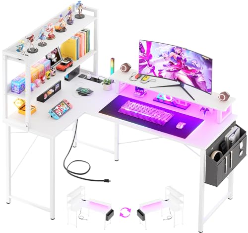 Homieasy L Shaped Computer Desk with Bookshelf, 47 Inch Reversible Corner Gaming Desk with Charging Station & Led Light, Home Office Desk with Hutch Monitor Stand Storage Shelves Bag, Black Oak