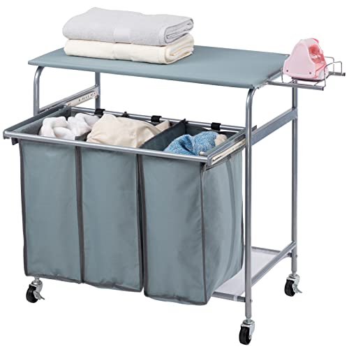 ALIMORDEN Laundry Sorter with Ironing Board Iron Rack Rolling Laundry Basket with Side pull 3-Bag Heavy-Duty Laundry Room Organizer Clothes Hamper with 4 Wheels and lid Blue Grey