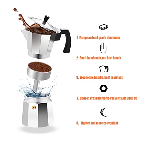 Classic Stovetop Espresso Maker 6 Cup ，Moka Pot Aluminum Silver，Cuban Coffee Maker， Make Delicious Coffee Easily at Home And Camping