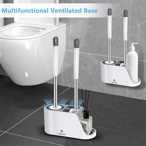 DARISHM 2-Way Toilet Brush with Ventilated Holder Silicone and Bristle Brushes for Toilet Cleaning Device with a Holder with Aluminum Handle