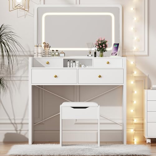 Vanity Desk with Mirror and Lights, Makeup Vanity Table with Drawers, Storage Stool, 41