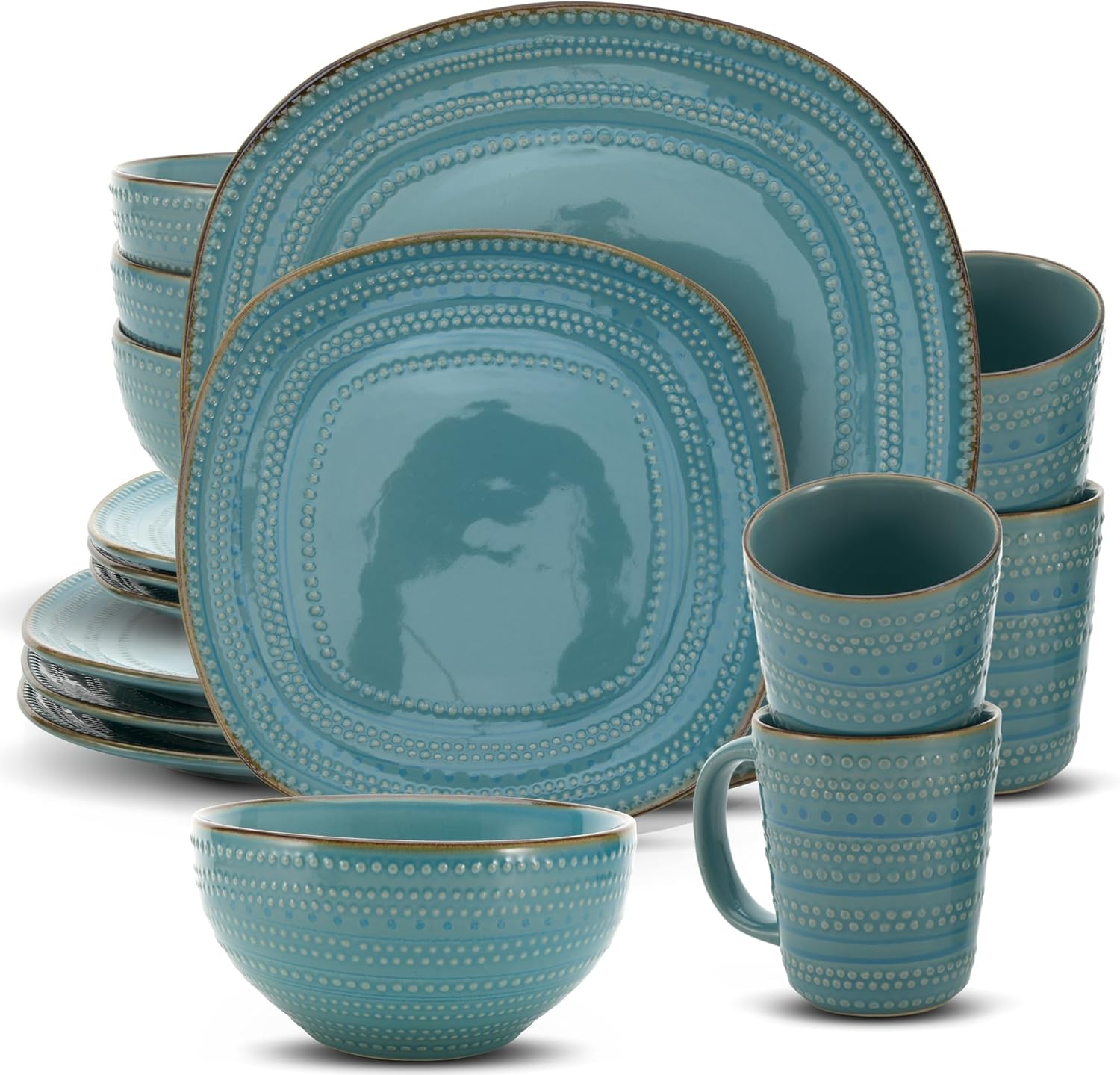 American Atelier 16-Piece Teal Stoneware Dinnerware Set - Includes Dinner Plates, Salad Plates, Bowls, Mugs