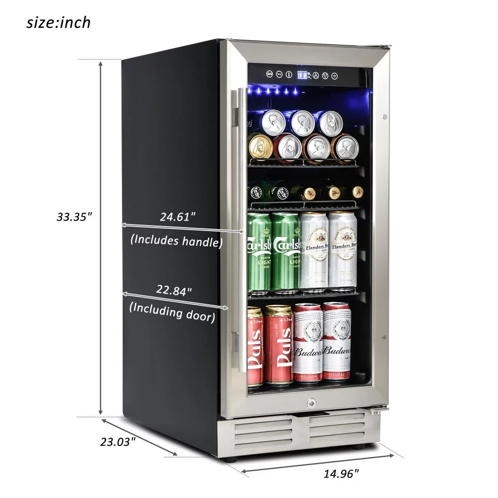 15 Inch Beverage Refrigerator Under Counter Built-in Wine Cooler Mini Fridge Clear Glass Door Digital Memory Temperature Control
