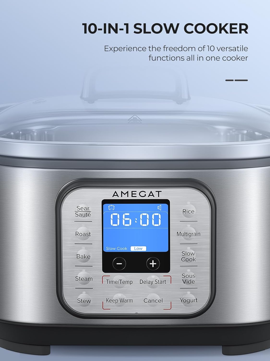 10-in-1 Programmable Slow Cooker 6 Quart with Stainless Steel Pot, Glass Lid, Steaming Rack, and LED Display