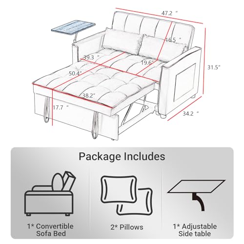 3 in 1 Convertible Sleeper Sofa Bed Pull Out Couch Futon Loveseat Velvet Chaise Lounge with 2 Pockets and 2 Pillows for Living Room, Black