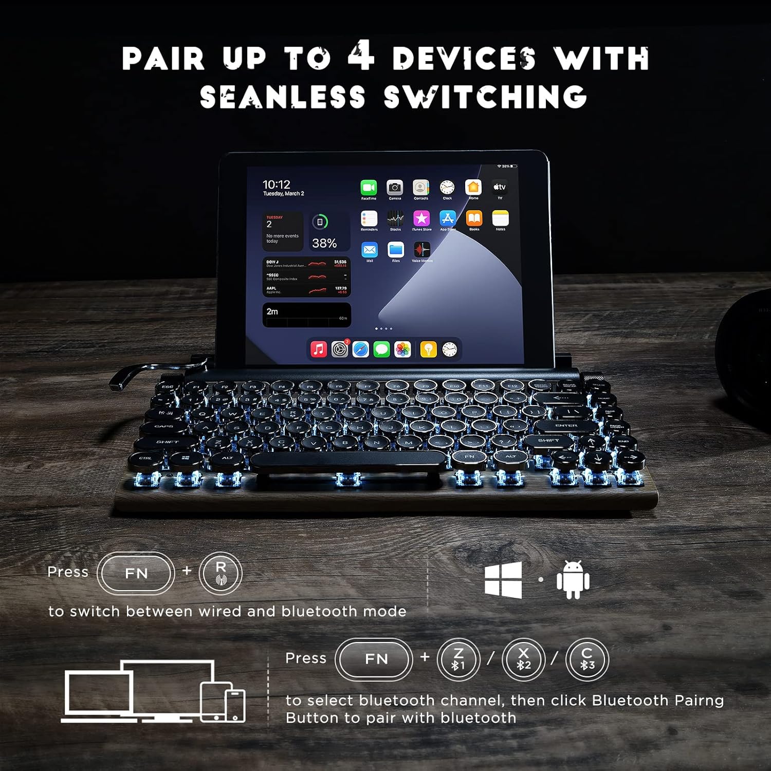 Retro Typewriter Keyboard with White Lighting, Multi-Device Bluetooth Wireless & Wired Aesthetic Mechanical Keyboard for Computer/Laptop/Tablets, Vintage Keyboard with Cradle for Windows/Android