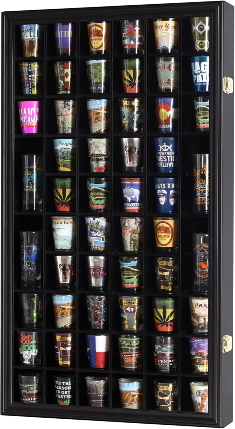 Shot Glass Display Case Cabinet Wall Rack Holder Shadow Box Lockable with UV Protection Acrylic Glass Door Shot Glass Collection Display with 56 Slots Black