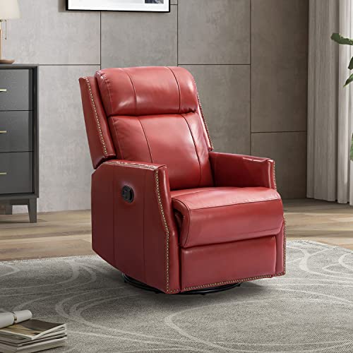 Genuine Leather Recliner - Manual Recliner Chair with 360 Degrees Swivel and Reclining Function, Wingback Recliner Chair with Nailhead Trims, Swivel Recliner Chairs for Living Room (Red)