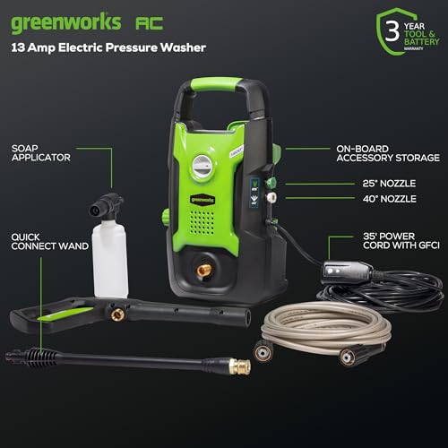 Greenworks Compact Electric Pressure Washer, 1.2 GPM (CSA Certified, Lightweight, 20 FT Tangle-Free Hose, 35 FT Power Cord) Great For Cars, Fences, Patios, Driveways, Decks and Patios