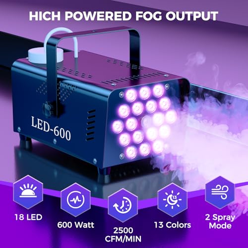 Fog Machine Smoke Machine, 18 LED Lights with 13 Colors, 600W and 2500CFM Fog, Wireless&Wired Remote control, Perfect for Wedding, Halloween, Party and Stage Effect (BLACK)