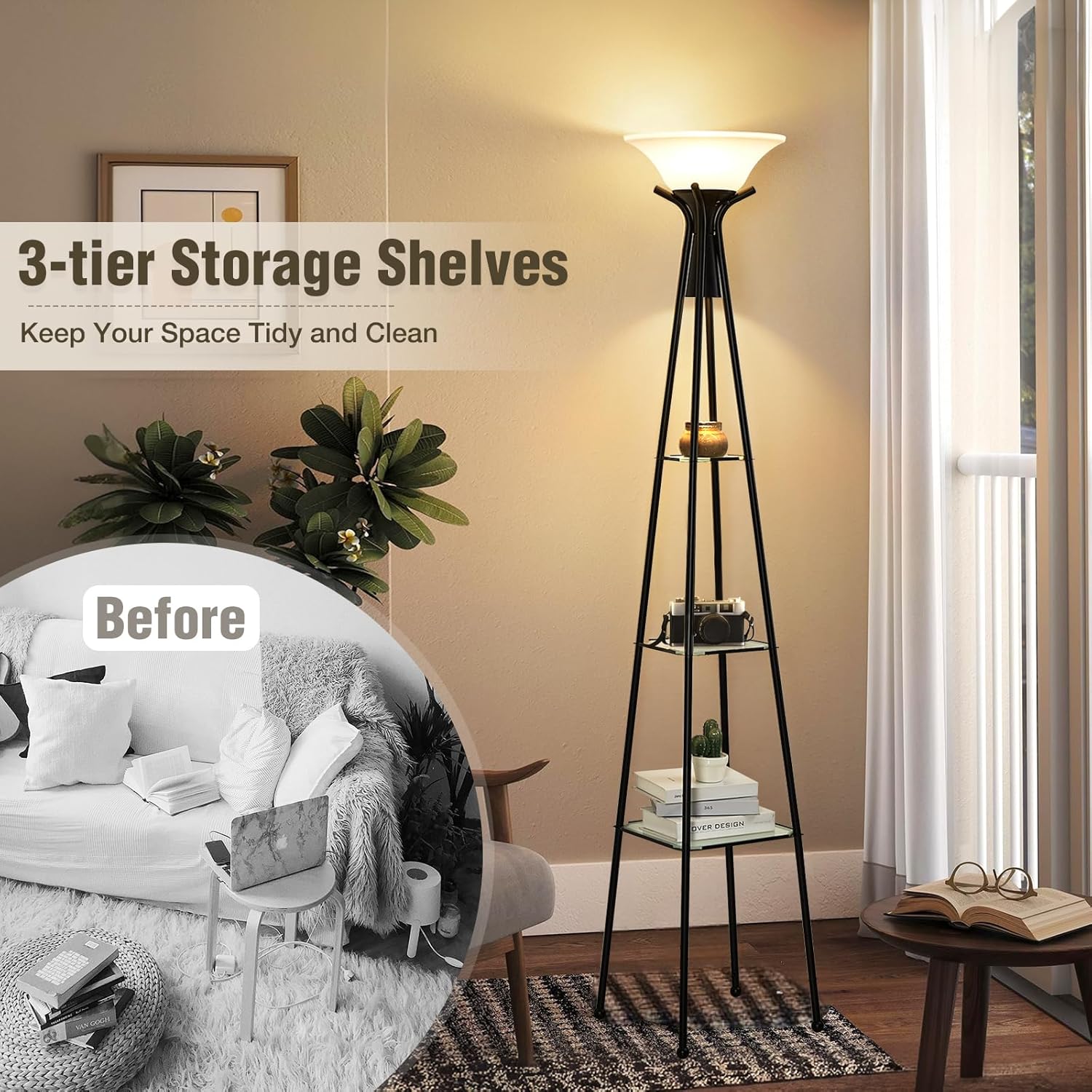 Luvkczc Floor Lamp with Shelves, 69” Tall Shelf Lamp with Glass Shade, 3-Tier Modern Glass Shelf Floor Lamp, Floor Lamps for Living Room, Bedroom, Home Office, Standing Lamp with 8W Bulb, Black