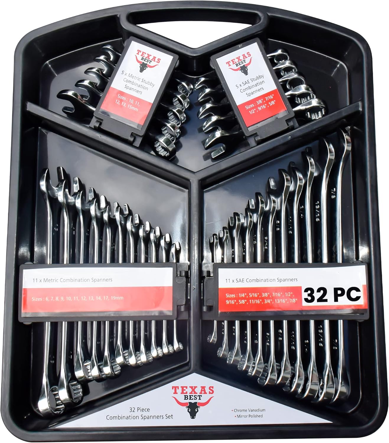 Texas Best Chrome Vanadium Steel Combination Wrench Set | SAE (Inch) & Metric Sizes | Quick Access Hanging Tray | Carry Case Master Organizer Included (32 Pc) Pack of 2