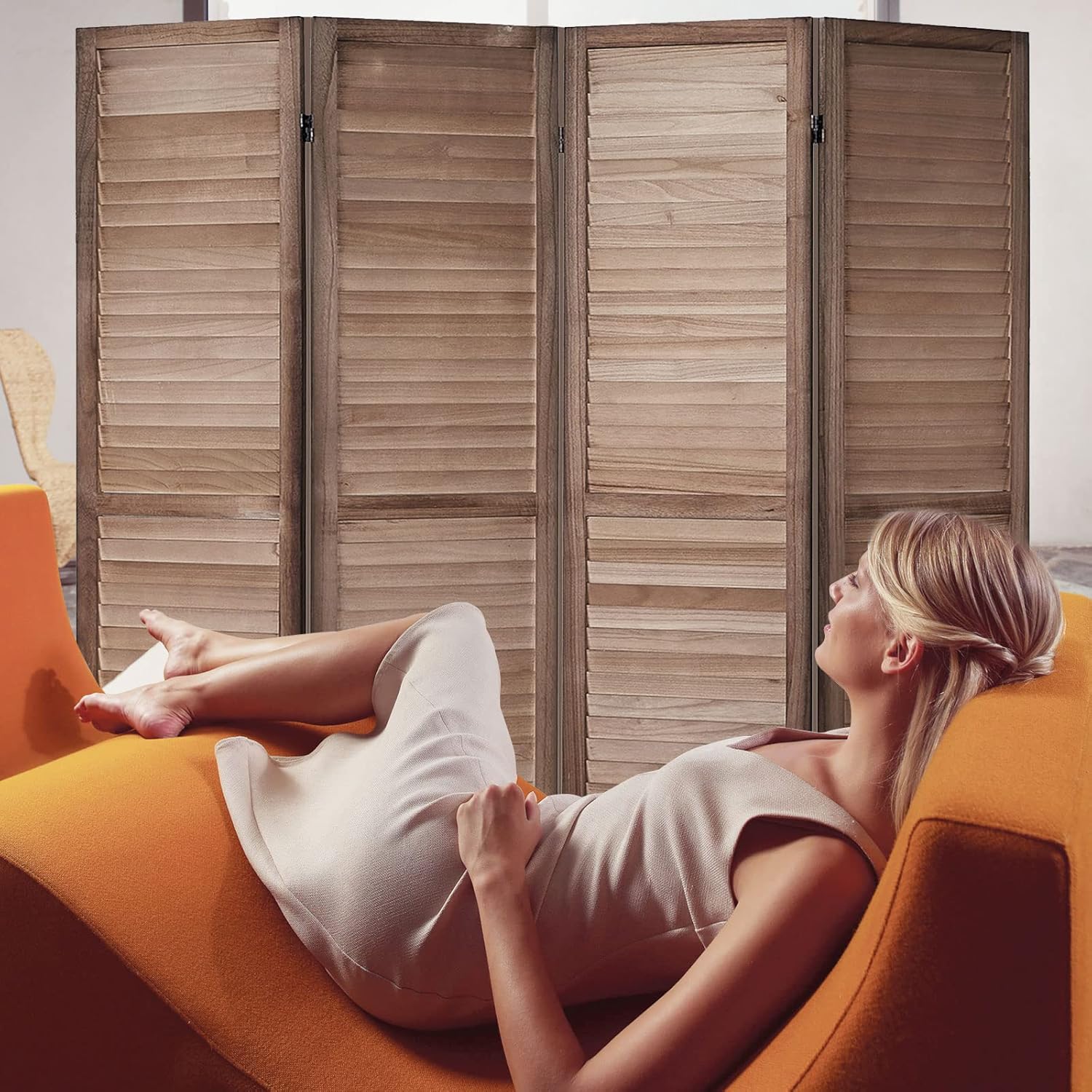 RHF 4 Panel Room Divider Room Dividers and Folding Privacy Screens, Wood Privacy Screen Room Dividers, 5.6 Ft Tall Room Divider Wall, Space Seperater,Portable (4 Panel, Brown)