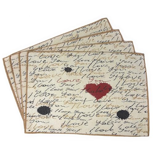 Tache Valentine Placemats Heart Placemat Romantic Cursive Handwritten Love Letter Valentine Hearts Beige Vintage Farmhouse Woven Tapestry Kitchen Dining Dinner Table Linen Napery Place Mat - Set of 4