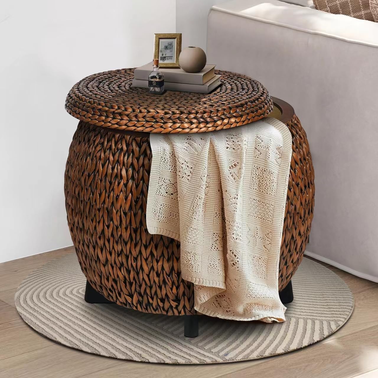 Round Sides Storage Ottoman Coffee Table,Ratten Swiveling Ottoman Bench, Bed Storage Trunk, Storage Basket,Side Table with Banana Leaf for Living Room,Hand Woven,Golden