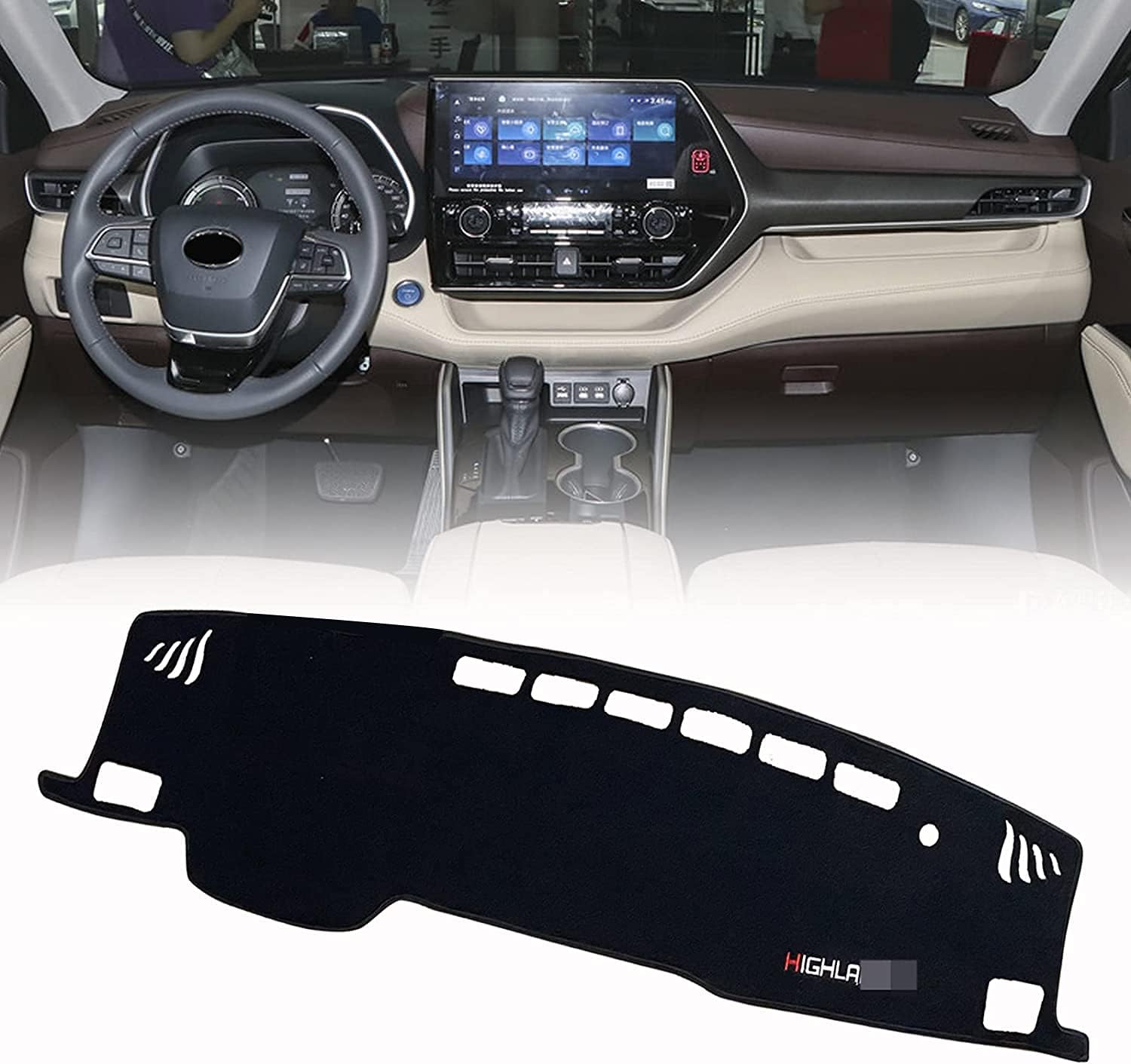 PGTOPONE Custom Fit Dashboard Black Center Console Cover Dash Mat Protector Sunshield Cover Pad Carpet Compatible with Toyota Highlander 4th Generation 2021 2022（HUD Style）