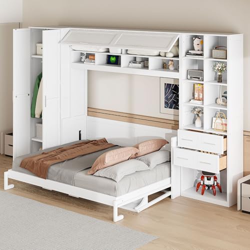 Ball & Cast Queen Murphy Bed with Desk,Foldable Space-Saving Queen Wood Wall Bed with Storage Shelves,Hidden Cabinet Bed Frame with Wood Slats for Bedroom, Home Office,Guest Room,White