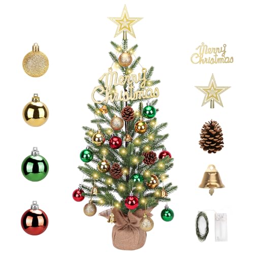 2FT Mini Christmas Tree with 30 LED Lights & 26 Ornaments,24-inch Tabletop Christmas Tree with Timer Memory Function, PE Branch Tips & Sturdy Cement Base,Small Xmas Tree for Holiday,Home,Office Decor