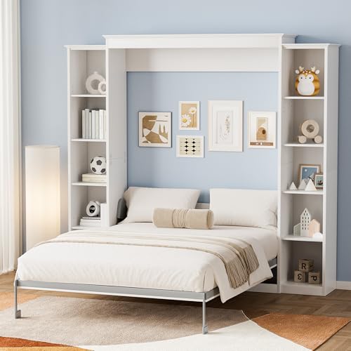 Queen Murphy Bed with Storage Bookcase & 4 Adjustable Shelves, Foldable Space-Saving Queen Wood Wall Bedframe with Metal Legs, Hidden Bedframe for Guest Room, Study, Home Office, Bedroom, White