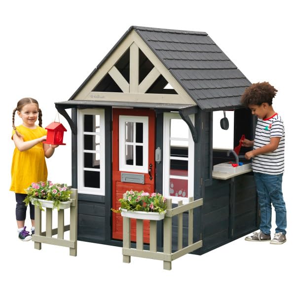 KidKraft Riverscape Wooden Playhouse with Working Doorbell, Fence, Kitchen and Pet Door