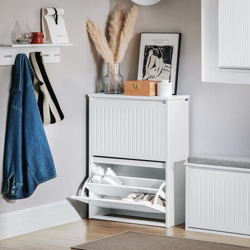 Haotian Shoe Storage Cabinet with 2 Flip-Drawers, Freestanding Shoe Organizer for Entryway, Narrow Hallway Shoe Rack, White