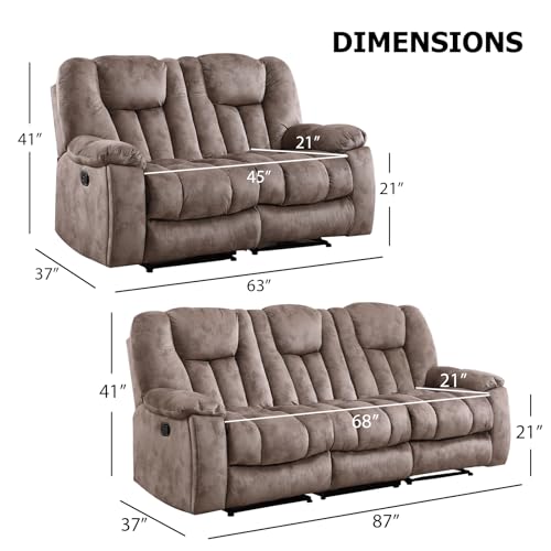 CANMOV Manual Recliner Sofa-Soft Fabric Reclining Living Room Set Loveseat Massage Heated Recliner Couch with Cup Holders, Side Pocket for Adults Elderly Apricot