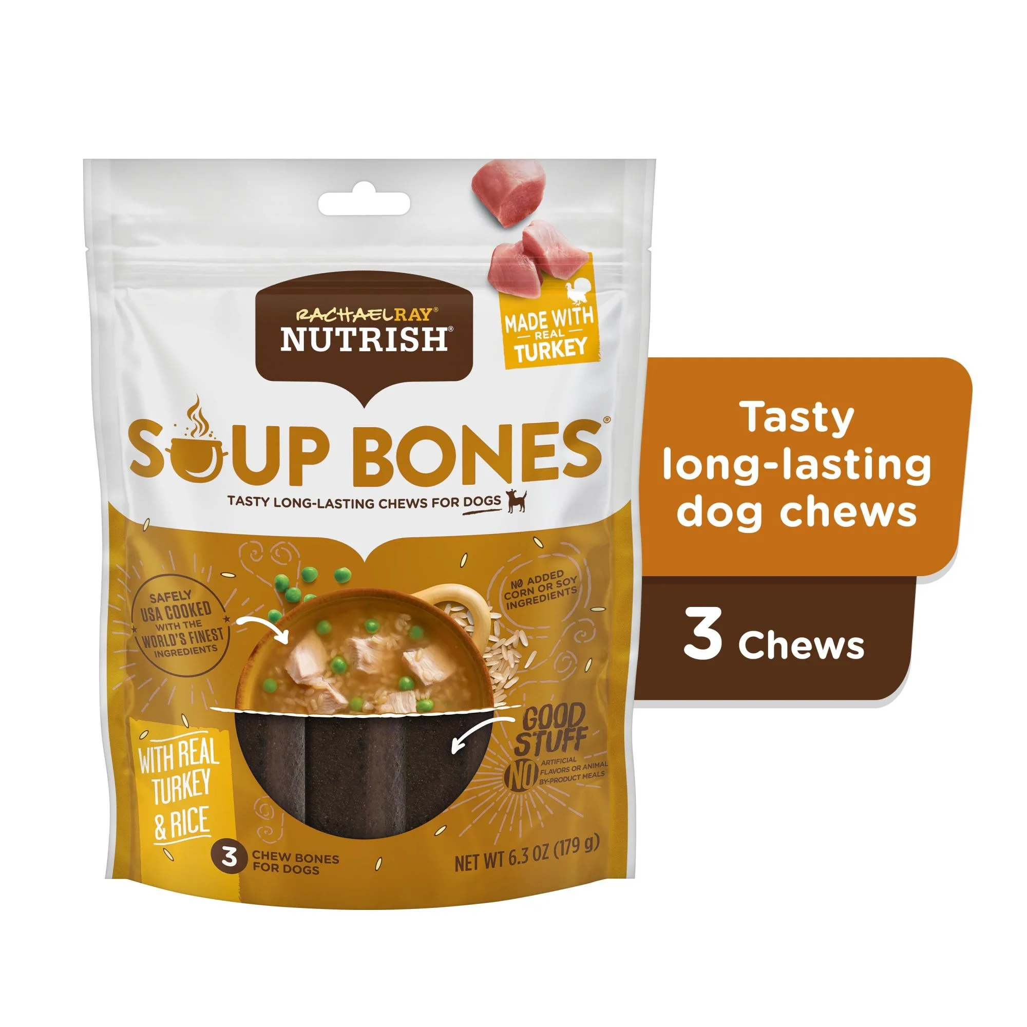 Rachael Ray Nutrish Soup Bones Dog Chews With Real Turkey & Rice, 3 Dog Chews