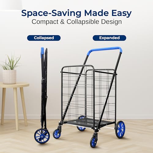SereneLife Folding Grocery Utility Shopping Supermarket Cart with 360 Rolling Swivel Wheels, Double Basket, Large Capacity 110 lbs, Portable, Collapsible Compact Folding, for Grocery Laundry, Luggage