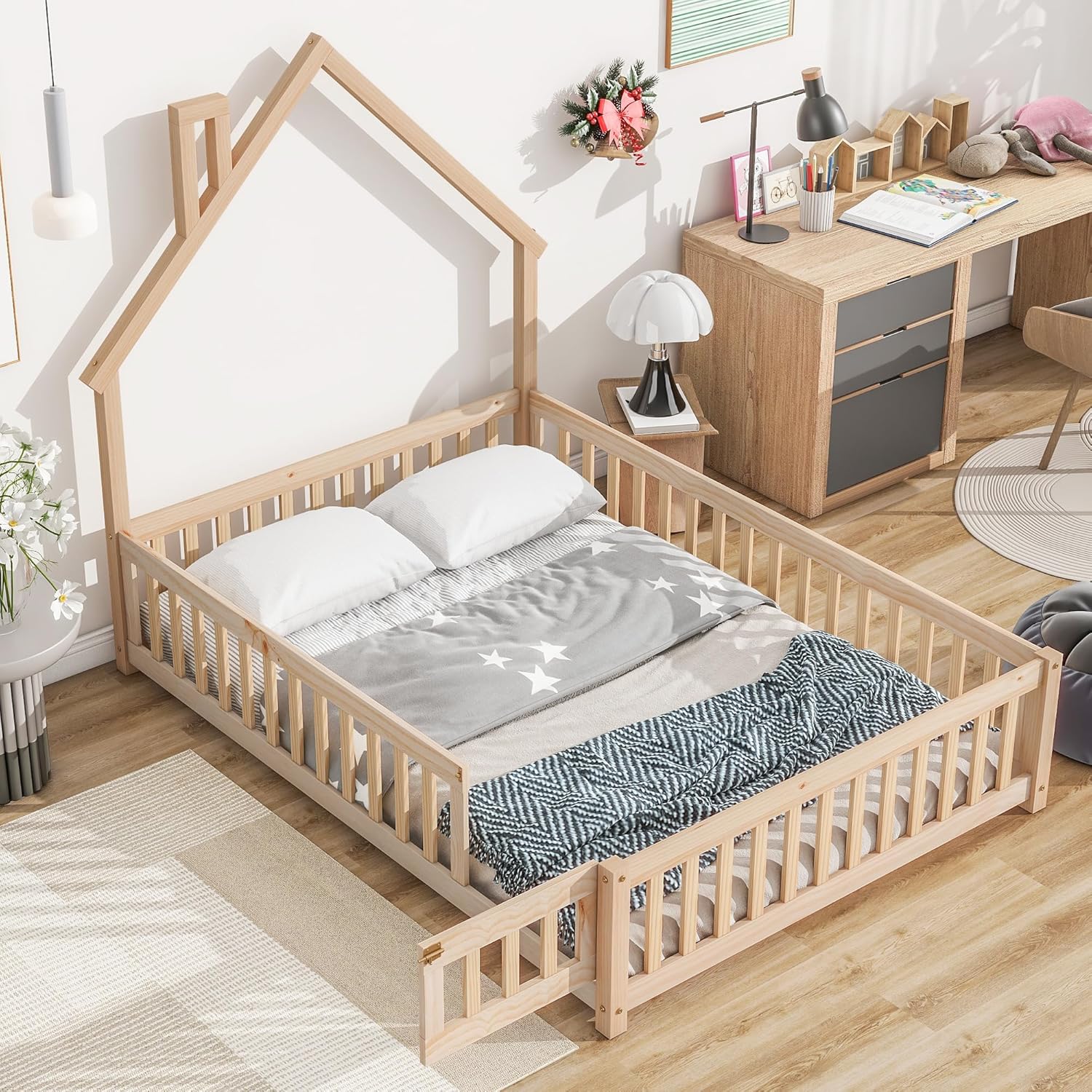 Full Size Floor Bed Frame with Fence & Door, Montessori Floor Bed with House-Shaped Headboard, Toddler Floor Bed for Kids Boys Girls, Easy Assembly, Natural