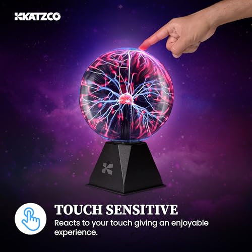 Katzco 7 Inch Plasma Ball Lamp - Touch and Sound Sensitive Electric Globe with Lightning Effects - Plug-in Energy Ball for Parties, Room Decor, and STEM Learning - Static Electricity Sphere for Kids
