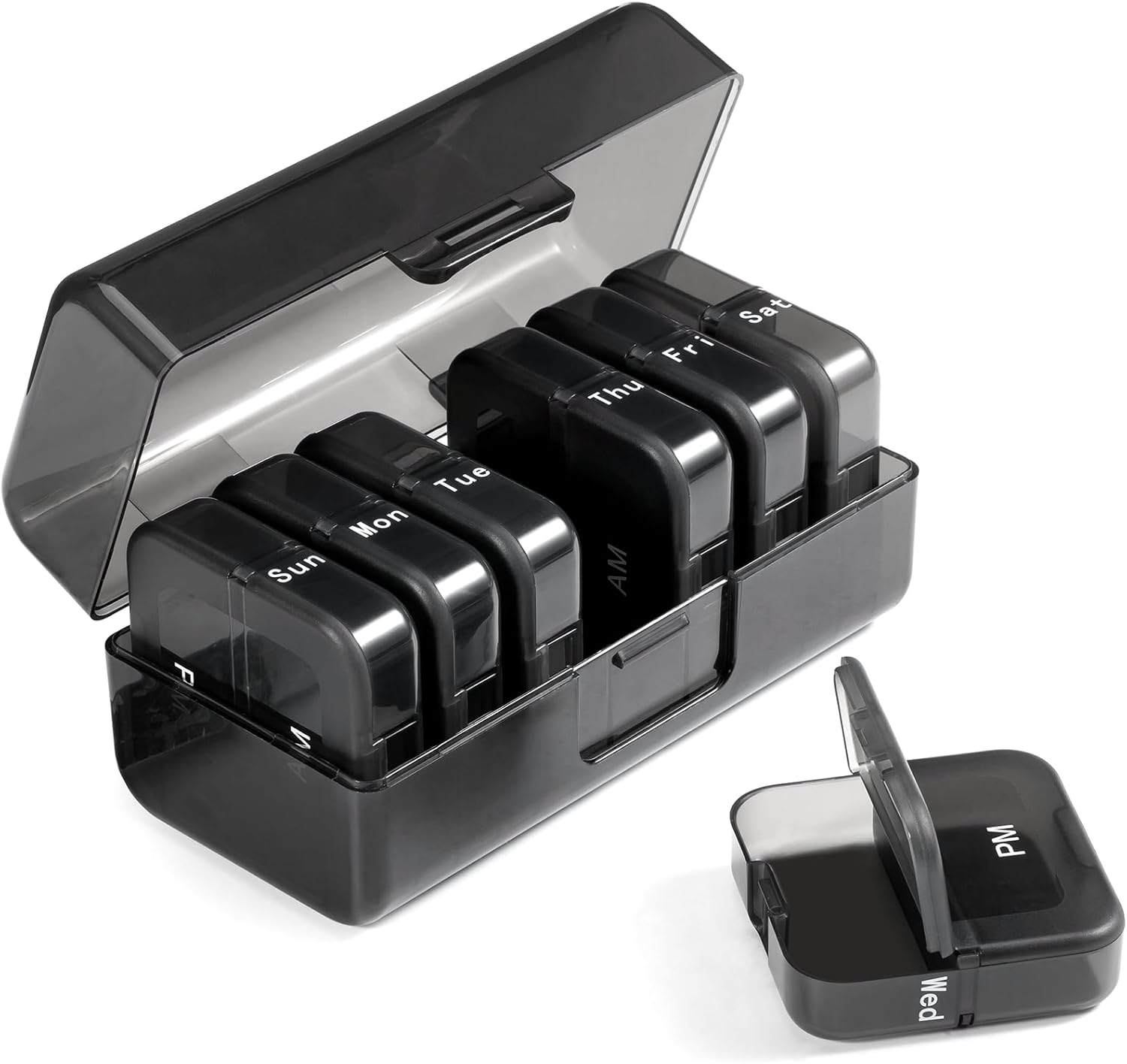 Zoksi Am Pm Pill Organizer 2 Times a Day, Black Weekly Pill Box 7 Day, Portable Daily Pill Case for Travel, Medicine Organizer for Fish Oils, Vitamins and Other Tablets
