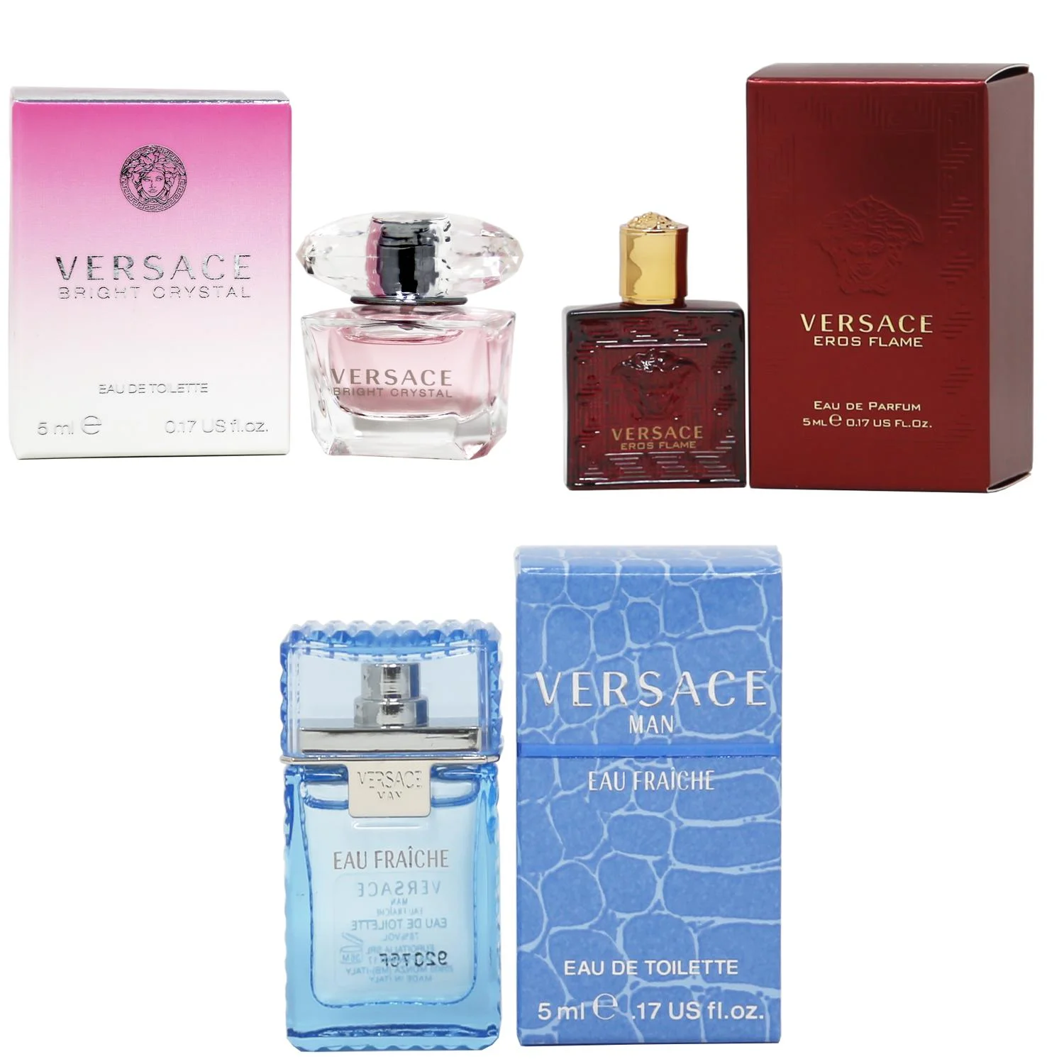 Versace Bright Crystal EDT, Eros Flame EDP, Man Eau Fraiche EDT - 5ml 3PK Kit
