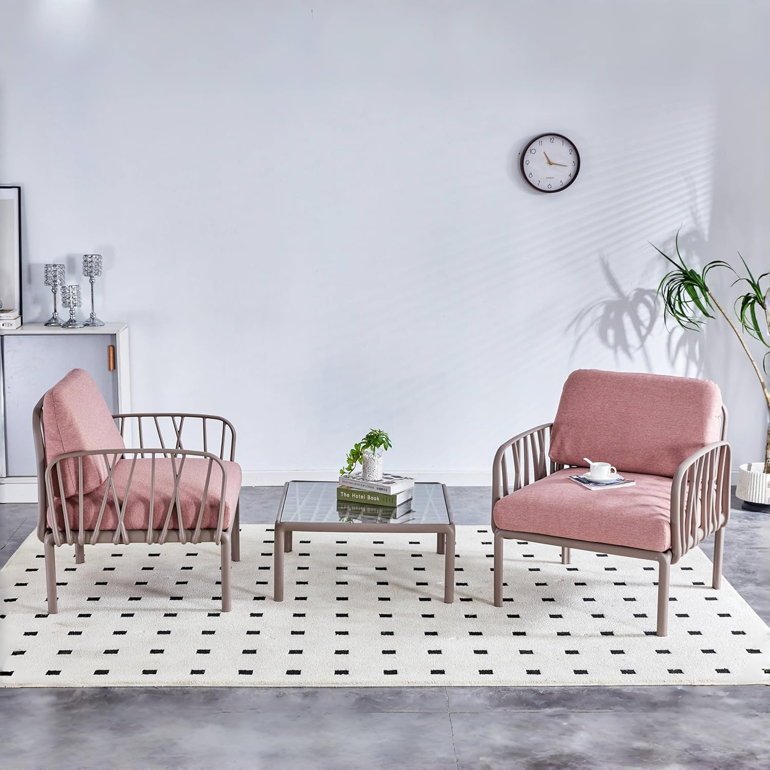 3-Piece Patio Set, Outdoor Furniture Set with Thick Cushions, armchairs Plastic with Cushion Waterproof Chair Furniture Sofa Set with Patio Coffee Table for Backyard,Balcony,Garden,Pink