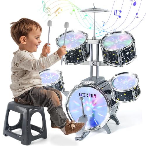 Kids Drum Set for Toddlers 1-3, Upgraded Jazz Drum Set for Kids, Musical Instrument Toys & Lights & All Plastic, Percussion Beginner kit for Boys Girls Toddlers Aged 3-5 5-7